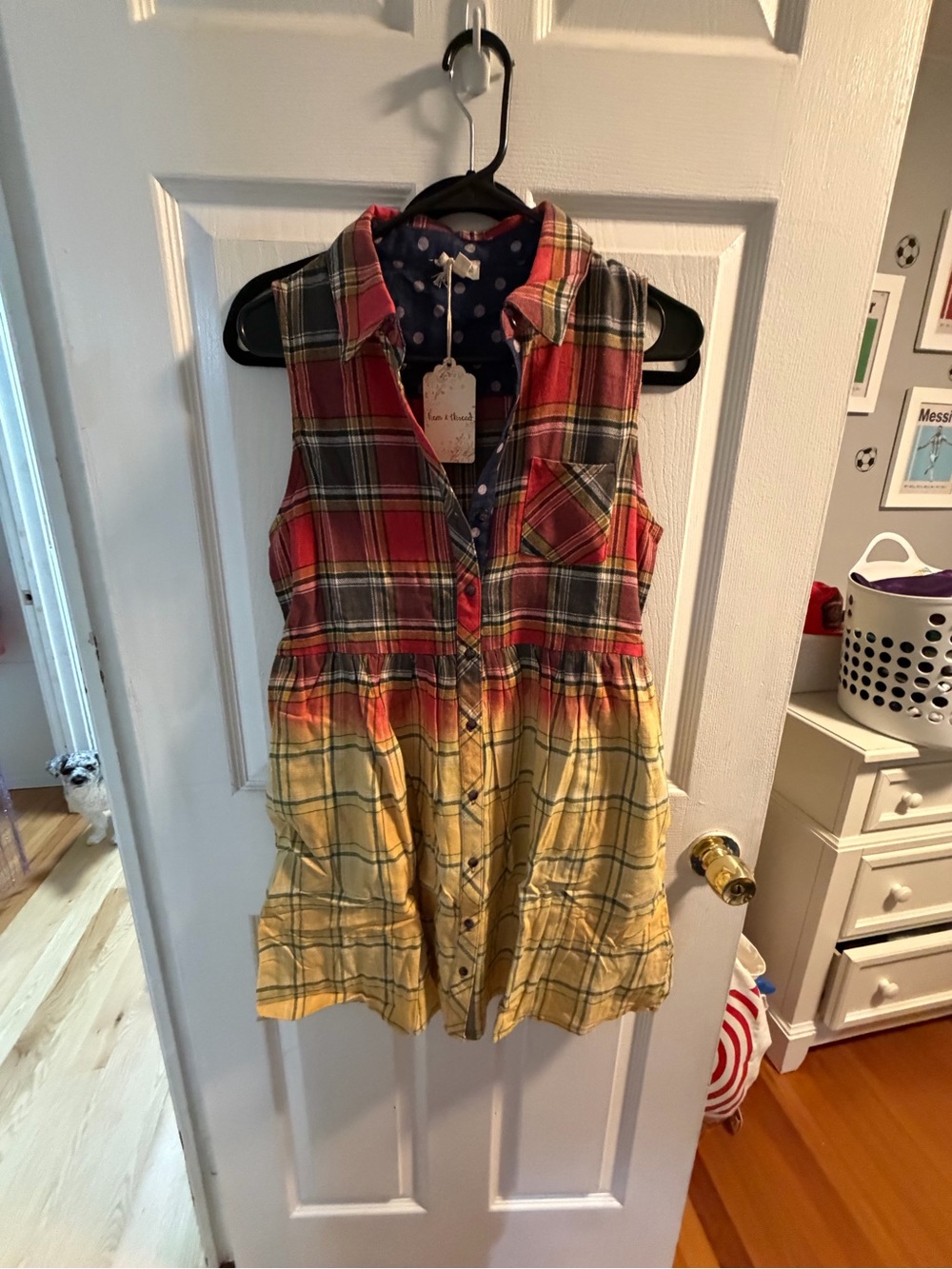 Hem & Thread Woman Sleeveless Plaid Ombre Button Front Dress - Red, Yellow